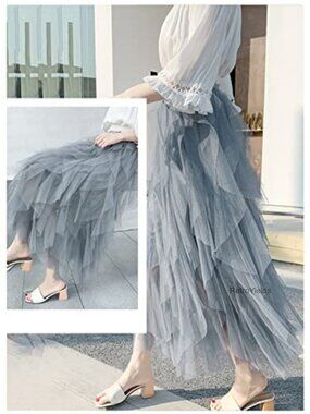 Long Tiered Tulle Skirt A-Line Mesh Tutu Maxi Skirt Elastic Waist